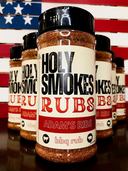 Holy Smokes Rubs - Adam's Ribs BBQ Rub.  The ultimate organic bbq rub with just a hint of coffee.  Perfect for any pork or beef barbecue.  Rub it on your pork ribs, beef ribs, brisket or butt.  "HOLY SMOKES THAT'S GOOD!"