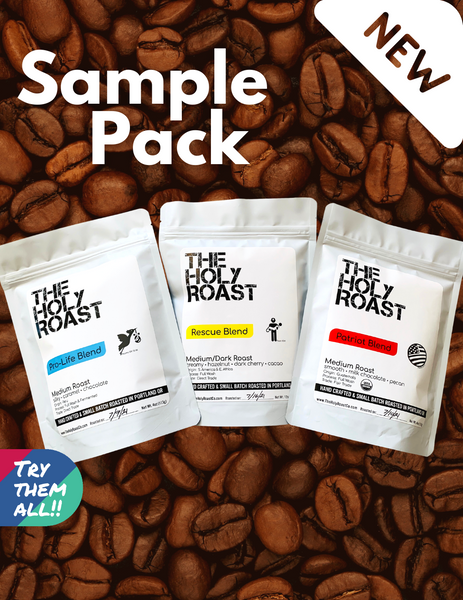 Holy Roast Sample Pack is the perfect way to try several of our organic, low acid coffees.  Christian, Conservative & Charitable Coffee!