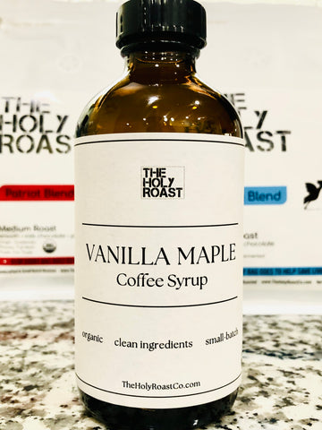 Holy Roast Organic Vanilla Maple Coffee Syrup is perfect for those vanilla latte lovers.  Made with 100% organic, all natural & clean ingredients!  An excellent way to sweeten & change up your morning coffee!