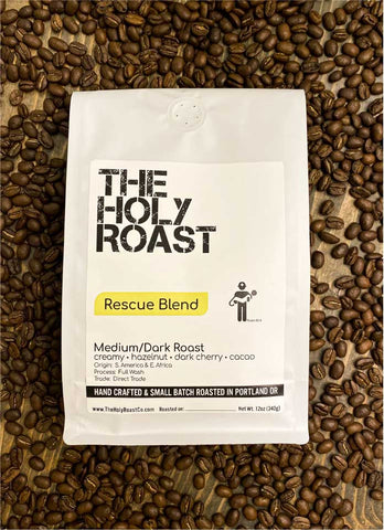 Holy Roast organic Rescue blend coffee is an delcious blend of South American & Ethiopian crops.  It's a rich & decadent coffee, roasted medium to bring out it's natural flavors of cream, hazelnut, dark cherry & cacao!  $1 of every bag is donated to help combat human trafficking.