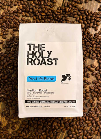 The Holy Roast ProLife blend coffee is a specialty grade offering from Peru. It's a 100% organic coffee, is low acid and roasted medium with notes of caramel & milk chocolate. We proudly donate $1 of every bag to pro life charities that combat abortion & save the unborn.
